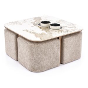 5905248140158_1 Arakis Marble Coffee Table with 4 Hidden Pouffes
